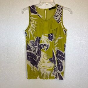 The Limited Sleeveless Blouse Ruffle Front Tropical Green & Purple Print size XS